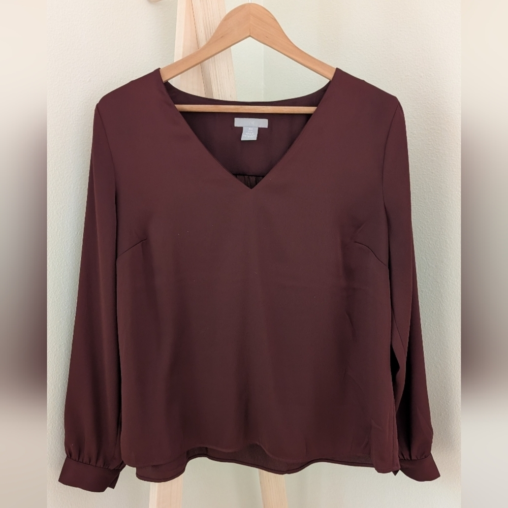 H&M Oversized Draped V-neck Blouse In Burgundy
